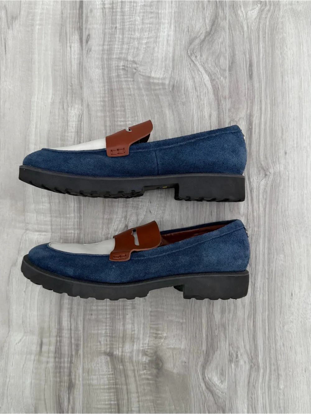 Cole Haan Blue Suede, White Leather & Brown Penny Loafers
